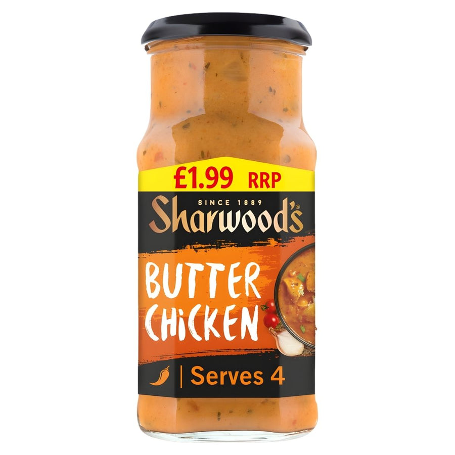 Sharwoods Butter Chicken Cooking Sauce (420g) offers creamy Indian flavours, serves 4, costs £1.99, and comes in a jar with an orange label featuring a small image of the dish.