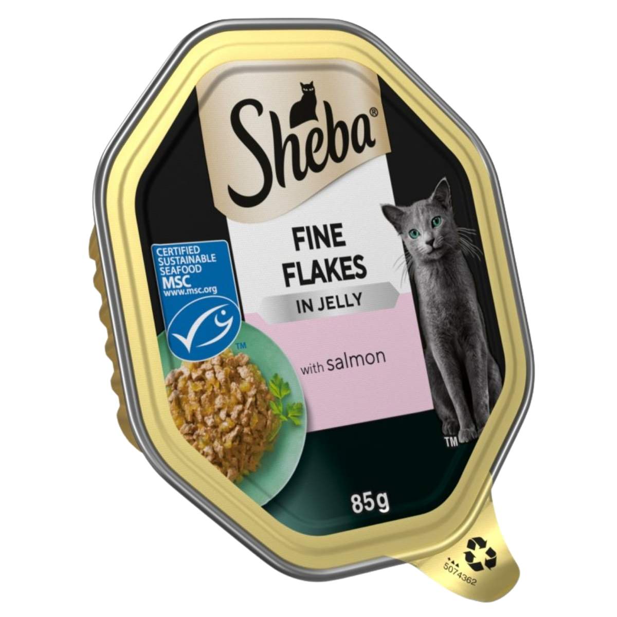 Sheba - Fine Flakes Wet Cat Food Trays in Jelly with Salmon, 85g, features a gray cat image and displays a certified sustainable seafood label.