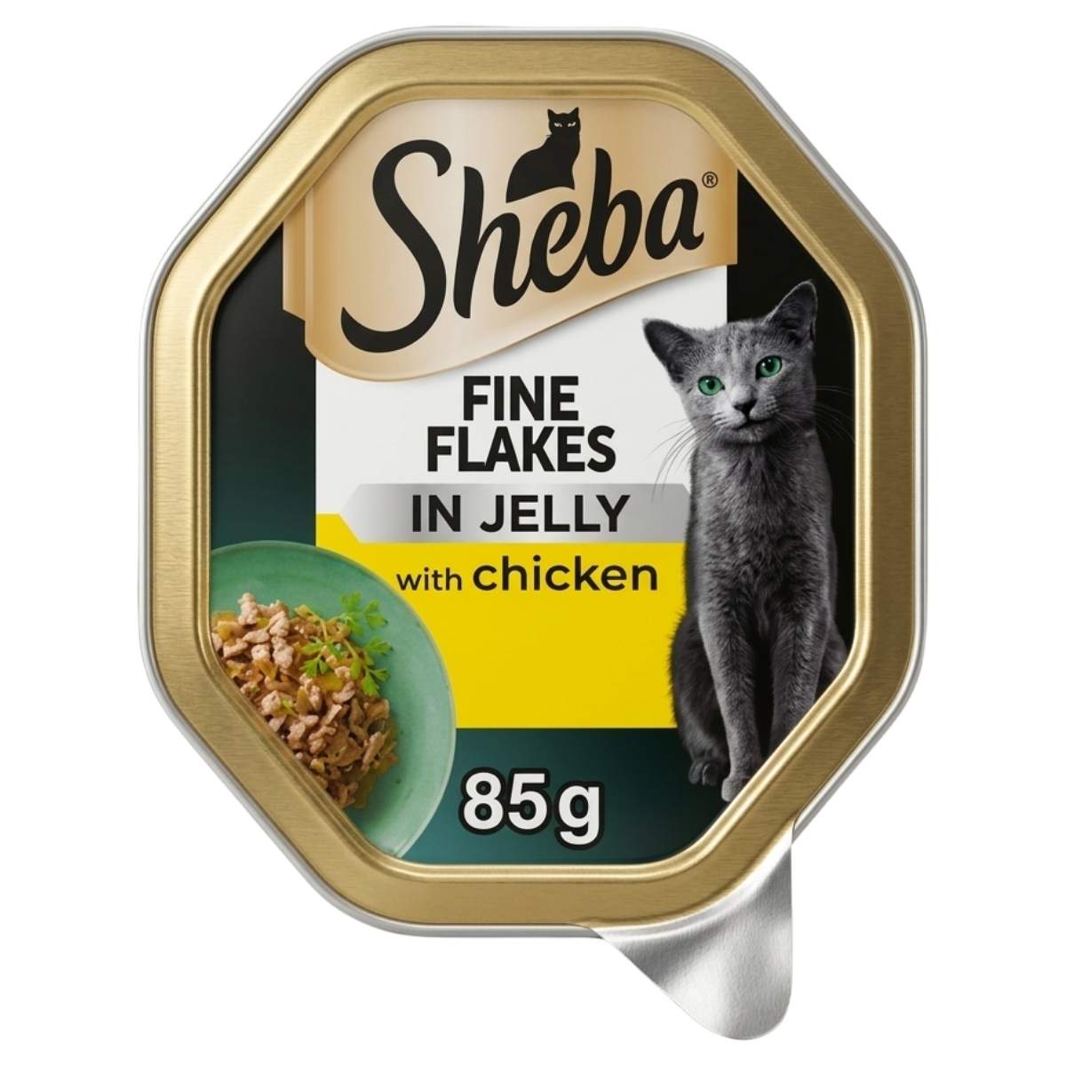 Sheba fine flakes in jelly with chicken packaging on a white background