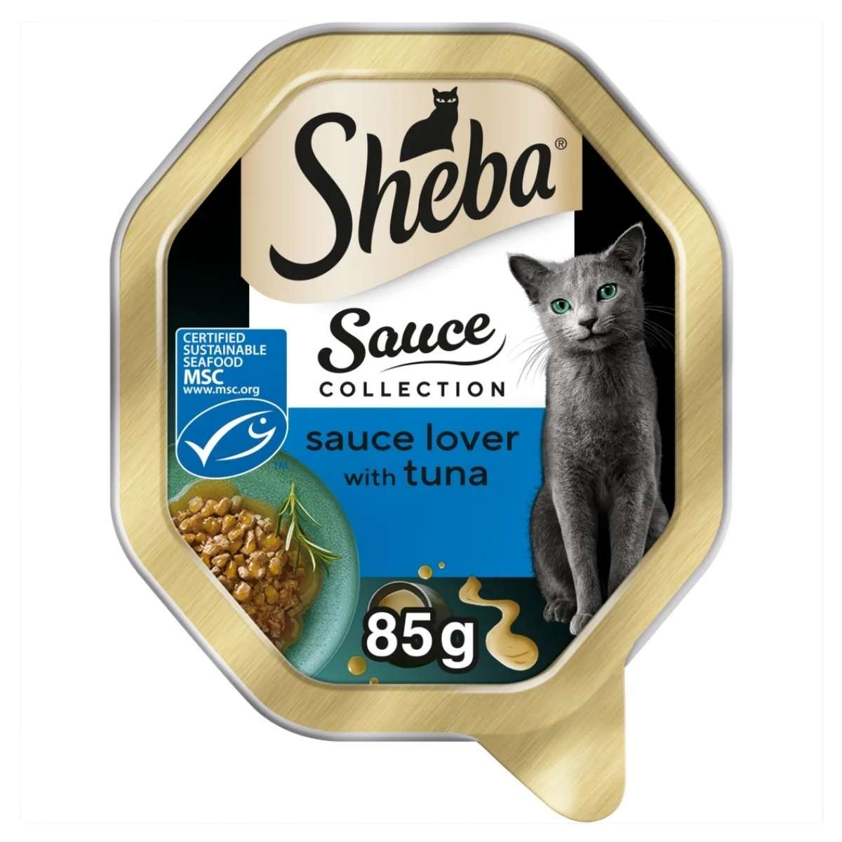 Sheba Sauce Collection Wet Cat Food Trays with Tuna, 85g, feature a gray cat and tuna in sauce with the MSC sustainable seafood logo. Also try Sheba Select Slices with beef or turkey.