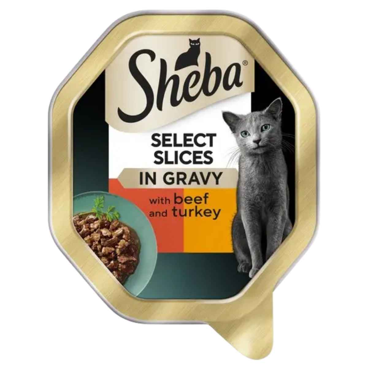 Sheba cat food packaging with a gray cat on a white background