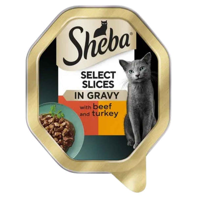 Sheba cat food packaging with a gray cat on a white background