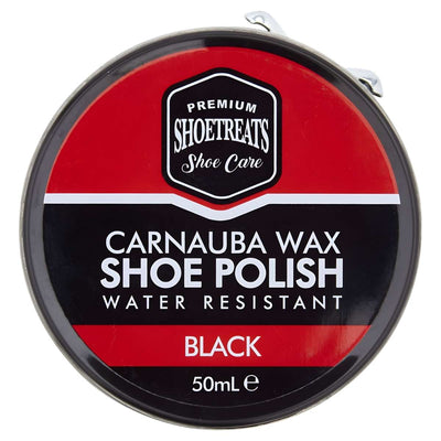 Shoetreats Black Carnauba Wax Shoe Polish, 50ml, is a water-resistant polish for black leather shoes.