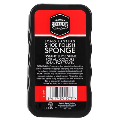 The Shoetreats - Shoe Polish Sponge (1 Pc) by Shoetreats gives instant shine to all leather shoes. Compact and ideal for travel, its black tin has directions, caution, and barcode on the back—perfect for quick shoe care.