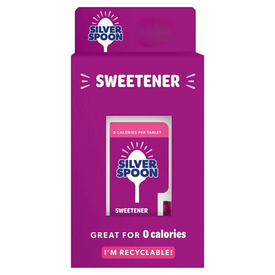 A box of Silver Spoon Sweetener - 150 Tablets, a zero-calorie sugar substitute in pink recyclable packaging.