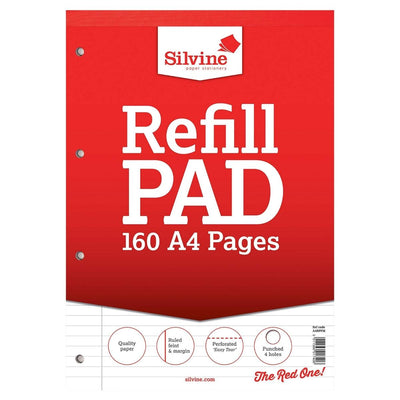 The silvine A4 Pages Refill Pad Notebook features a red cover with "Refill PAD, 160 A4 Pages," quality ruled paper, margin, perforated edges, and 4 punched holes—ideal for organized notes in any notebook.