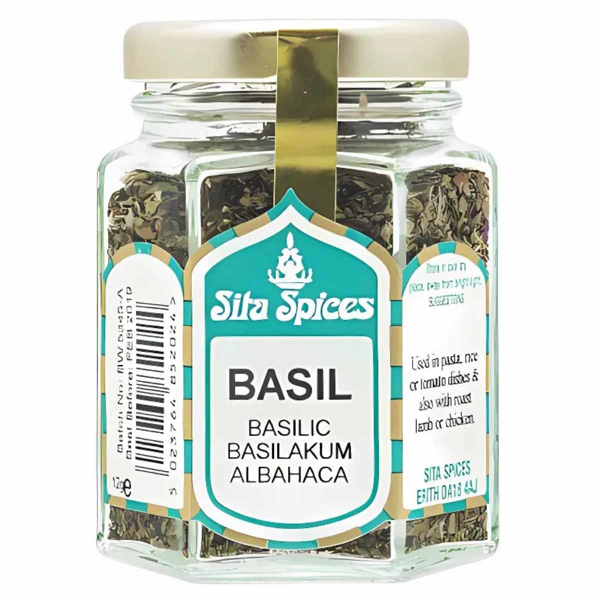 A 12g glass jar from Sita Spices labeled "Basil" contains dried basil leaves. The packaging includes usage suggestions and translations of the word "basil" in various languages.