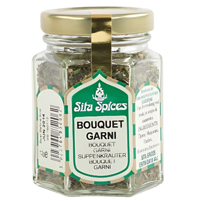 A 12g glass jar of Sita Spices - Bouquet Garni comes with a gold lid and green and white labels detailing product info and aromatic herbs.