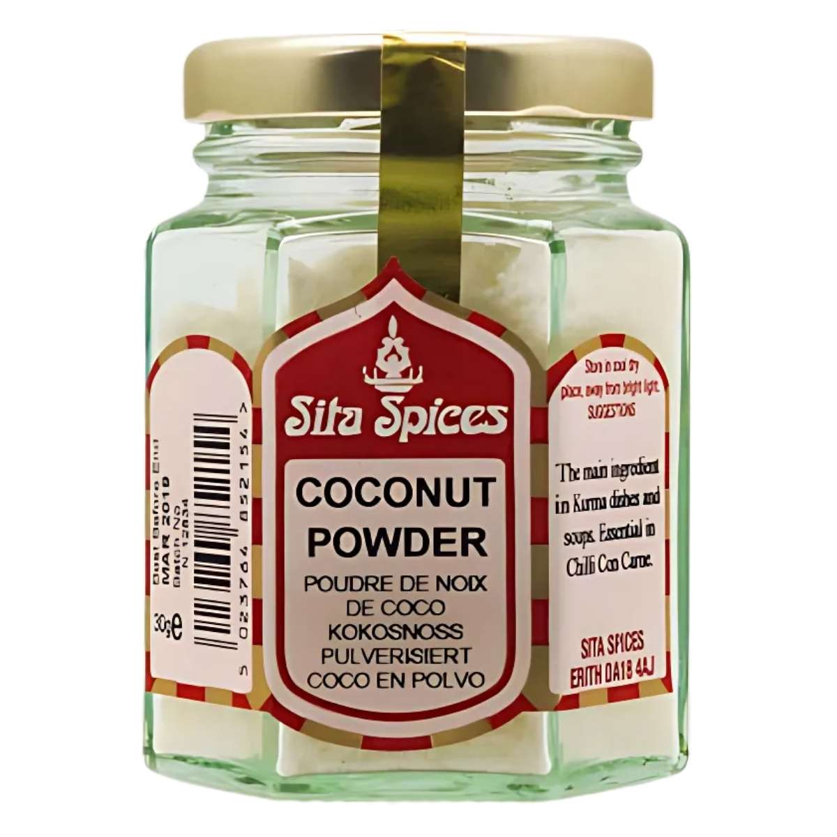 The Sita Spices - Coconut Powder - 30g jar, which provides an authentic taste, includes multilingual labels and comes with a gold lid.