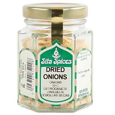 A 16g glass jar of Sita Spices Dried Onions with a green and white label, featuring visible sliced dried onions inside—ideal for cooking.