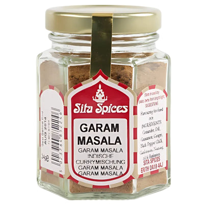 Sita Spices - Garam Masala - 30g comes in a hexagonal glass jar with a gold lid; the front label lists the product name and ingredients.