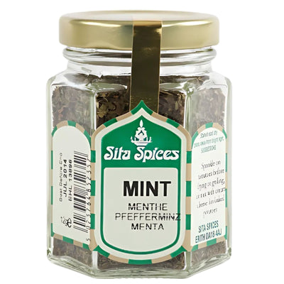 A 12g glass jar of Sita Spices - Mint featuring a green and white label with the product name in multiple languages.