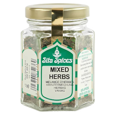 A 10g glass jar of Sita Spices - Mixed Herbs with a gold lid and multilingual front label, ideal for seasoning your favorite dishes.
