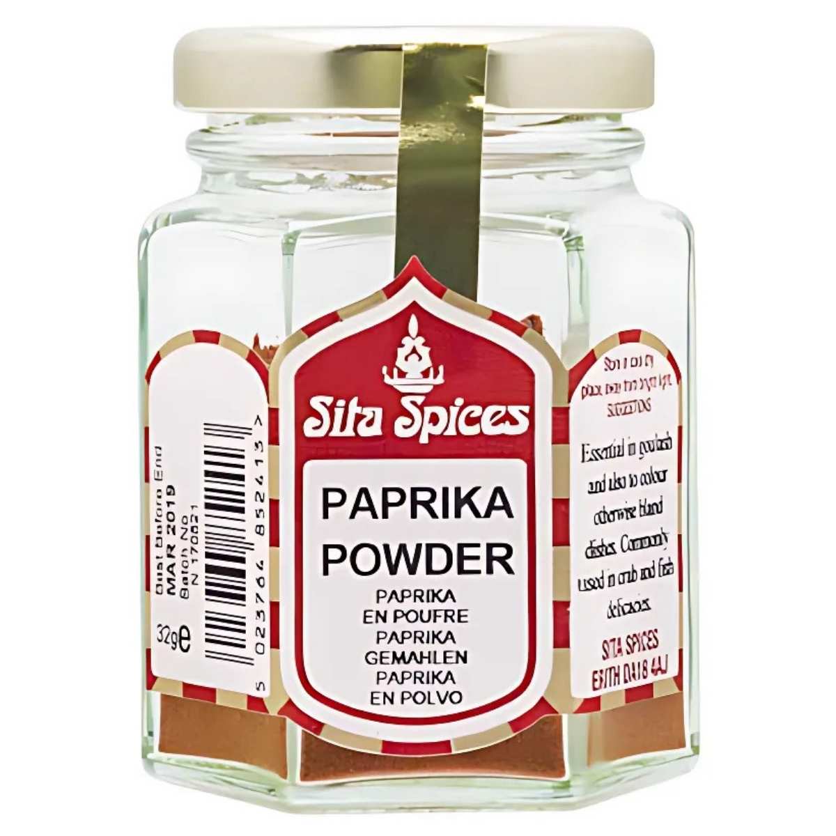 A 30g jar of Sita Spices Paprika Powder, featuring a white label with red accents and high-quality ingredients, includes paprika sourced from Poland to enhance your culinary creations.