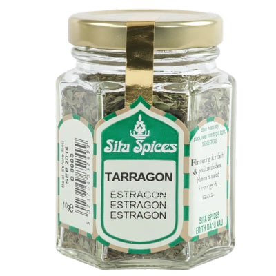 Sita Spices - Tarragon - 9g comes in a glass jar with a green and white label and gold lid, filled with dried tarragon leaves—perfect for Mediterranean dishes and ideal for adding flavor to fish.