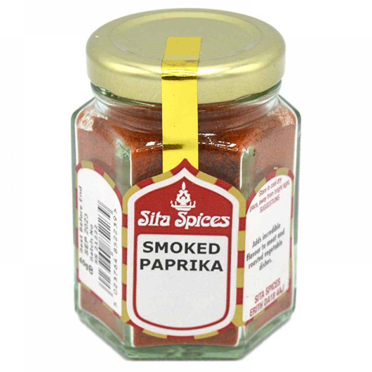 A 38g jar of Sita Spices Smoked Paprika, featuring a gold lid and a label with product details, is made from premium quality ingredients for an irresistible smoky flavor.