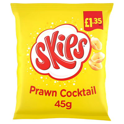 A 45g Skips - Prawn Cocktail Crisps pack in yellow, showcasing classic prawn cocktail flavor with a £1.35 price label at the top right—an iconic savoury snack.