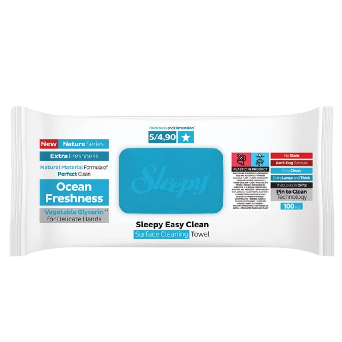 The Sleepy - Easy Clean Ocean Freshness Surface Cleaning Towel pack by Sleepy contains 100 wipes with a blue label on the front, offering convenient multi-surface cleaning and an invigorating ocean freshness scent.