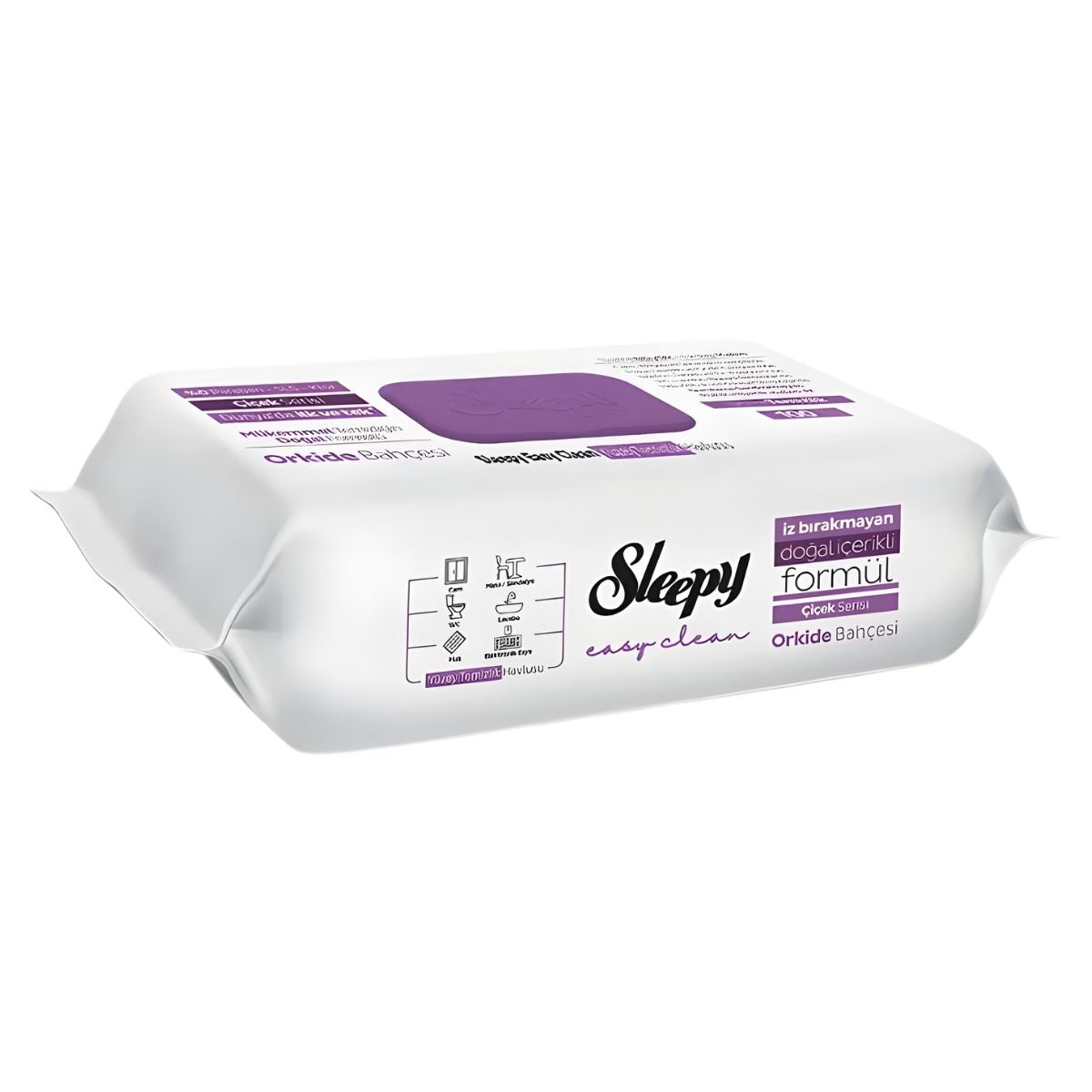 Sleepy Easy Clean Orchid Garden Surface Cleaning Towel, 100 wipes, features a white and purple design and a natural, non-marking formula.