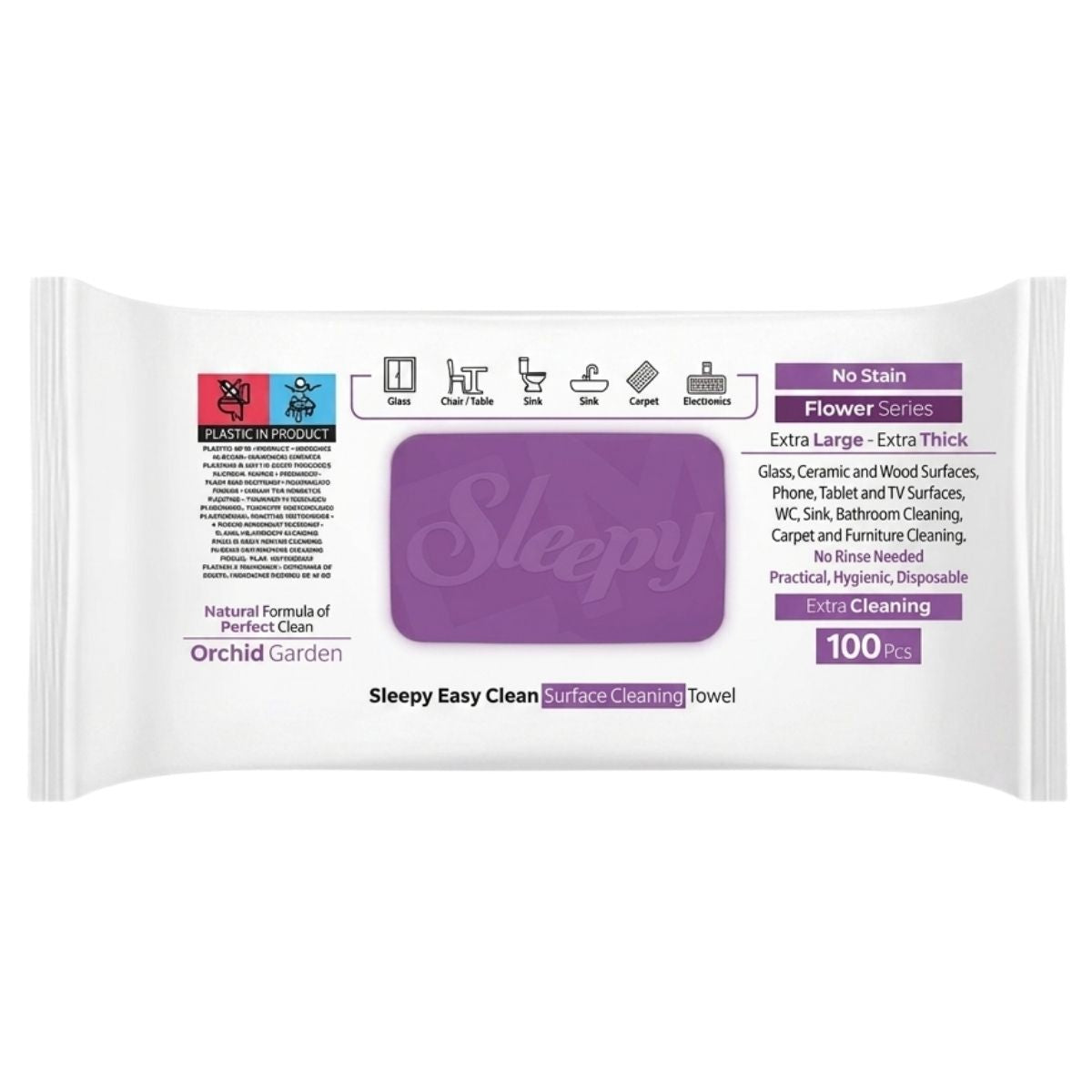 Sleepy - Easy Clean Orchid Garden Surface Cleaning Towel offers 100 extra-large, pre-moistened wipes labeled for multi-surface cleaning and extra thickness.