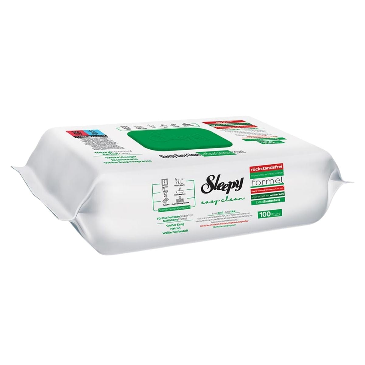 Sleepy - Easy Clean White Soap Enriched Surface Cleaning Towels, 100 wipes, are ideal for all surfaces and sensitive skin, featuring a green plastic lid and gentle white soap formula.