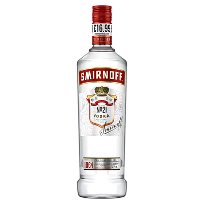 A clear 70cl bottle of Smirnoff - No. 21 Vodka (37.5% ABV) with a red label and gold accents displays a £16.99 price tag on the neck.