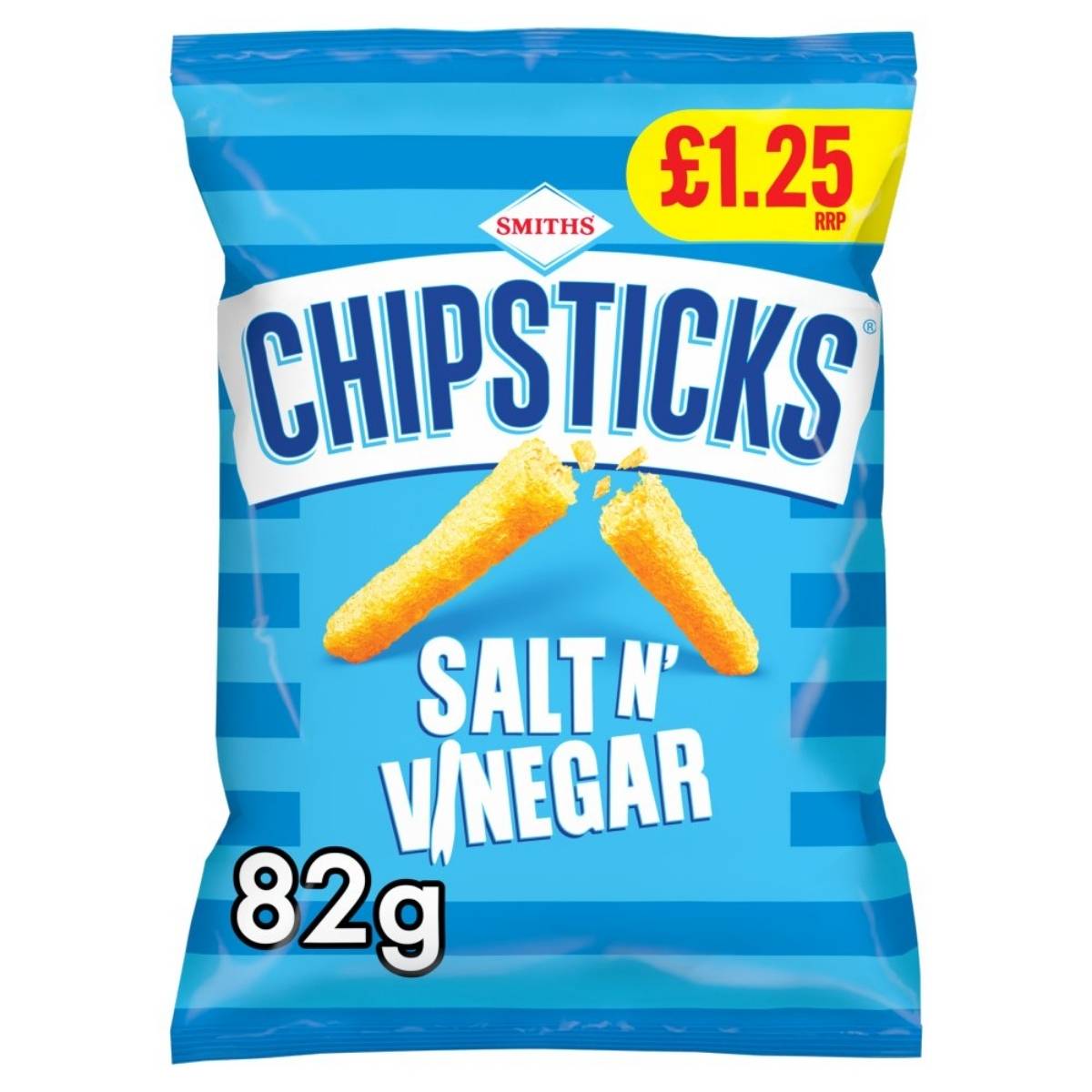 Indulge in a bag of Smiths Chipsticks Salt & Vinegar Snacks Crisps, 82g, expertly baked to perfection and ideal for vegetarians. Available at a price of £1.25.