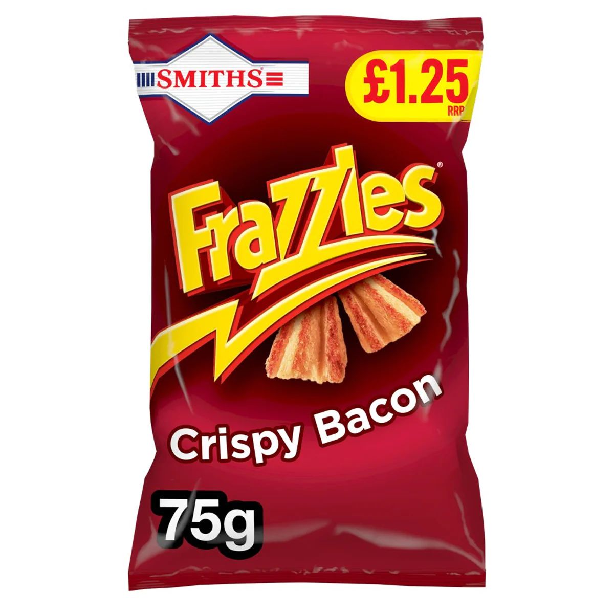 A packet of Smiths - Frazzles Crispy Bacon Crisps, 75g, priced at £1.25.