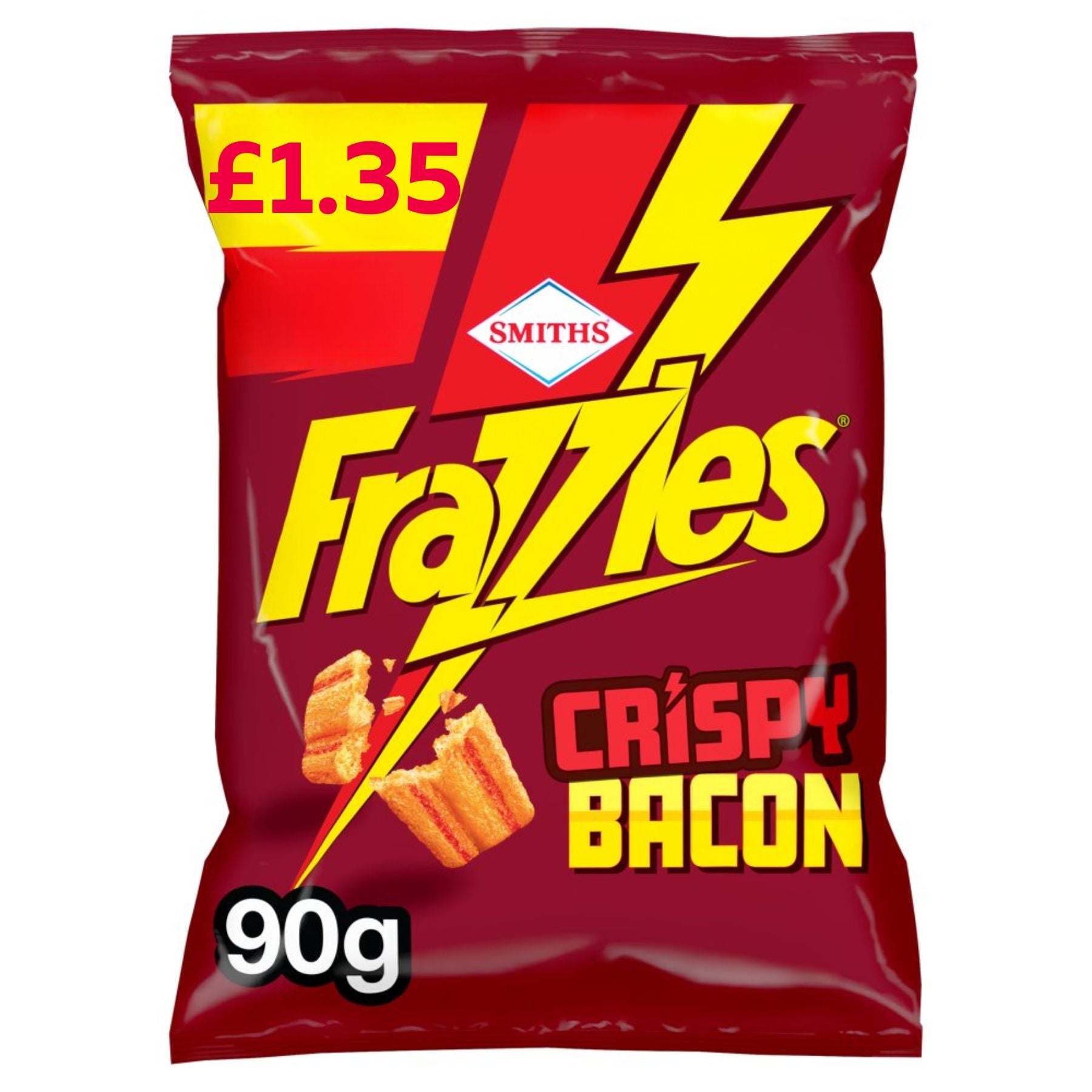A 90g bag of Smiths - Frazzles Crispy Bacon Crisps, a classic corn snack featuring crispy bacon flavour and bold red and yellow packaging with a £1.35 price mark.
