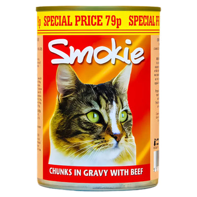 A 400g can of Smokie Chunks in Gravy with Beef, showing a tabby cat and labeled “ready-to-eat meal,” features a “Special Price 79p” banner.