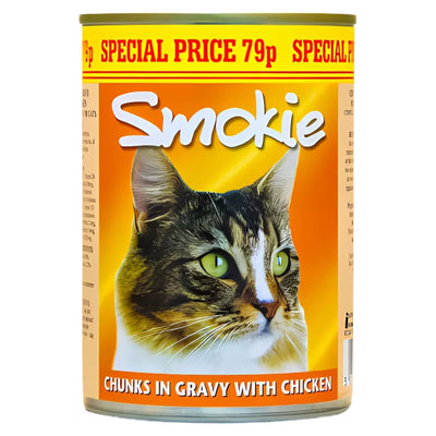 A 400g can of Smokie Chunks in Gravy with Chicken shows a cat image, features tender chunks in gravy, is labeled "Chunks in Gravy with Chicken," and displays a 79p special price on the top rim.