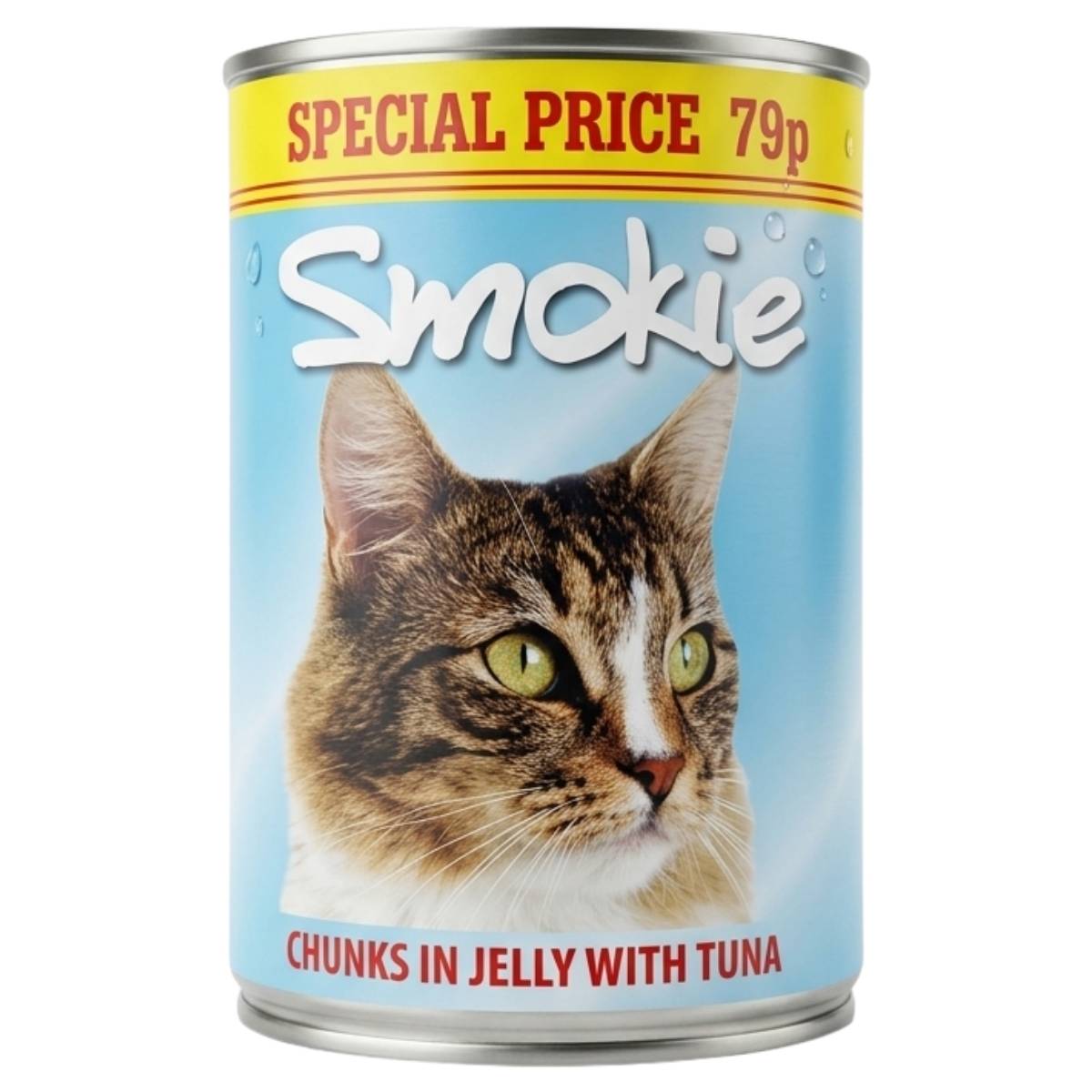 A 400g can of Smokie - Chunks in Jelly with Tuna cat food, featuring a tabby cat on the label and a "Special Price 79p" banner, offers tender tuna chunks in jelly for your feline companion.