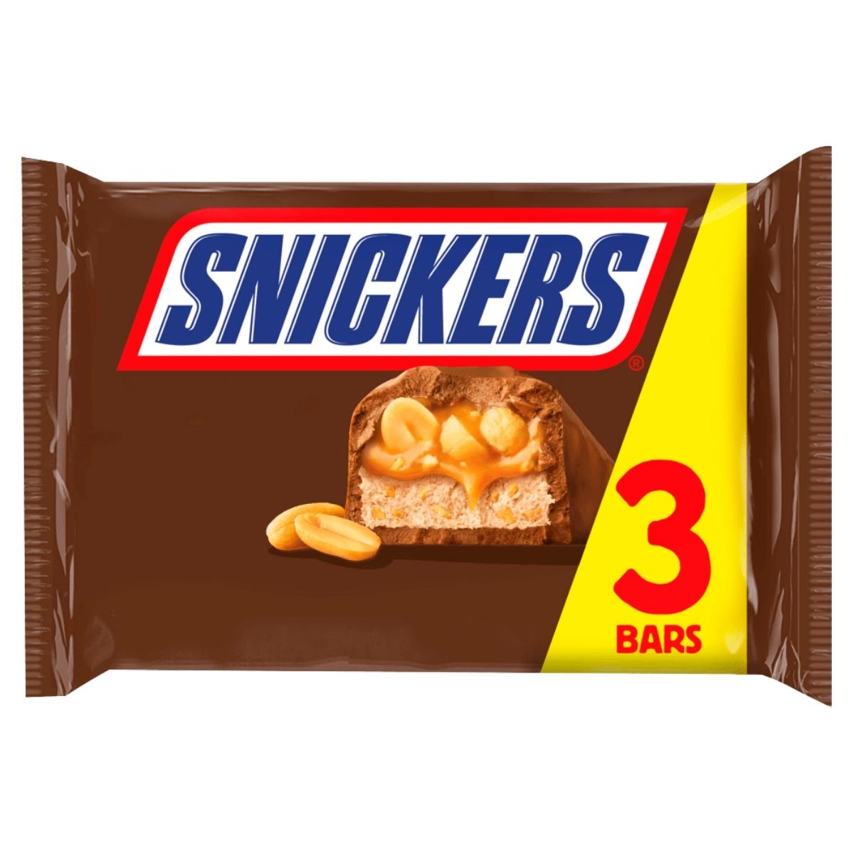 A Snickers - Chocolate Bars Multipack - 3 x 40g pack from Snickers, featuring three bars and packaging with an image of the bar’s cross-section showing nougat, caramel, and peanuts.