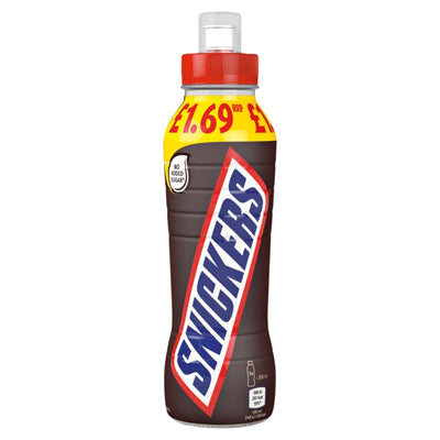 A 350ml Snickers - Chocolate Milk Shake Drink bottle from Snickers, featuring a red cap, “no added sugar” badge on the front, and an RRP of £1.69—a high protein milkshake perfect for chocolate lovers.