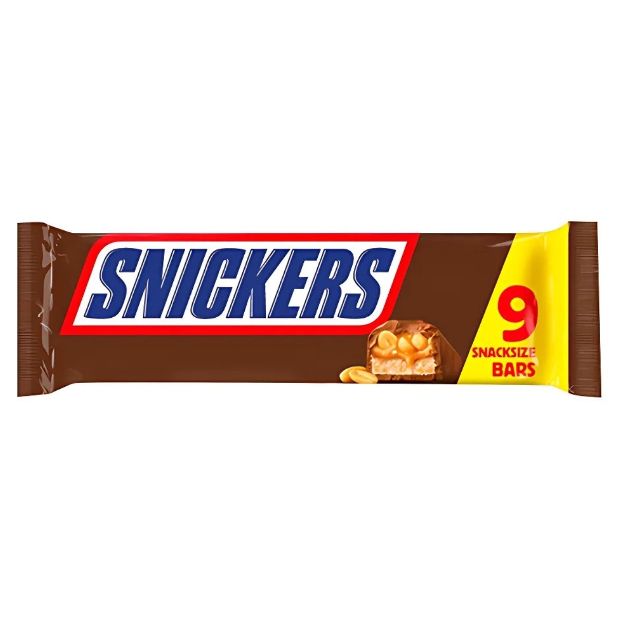 A Snickers package, labeled "Snack Size Bars - 9 x 35.5g," displays the brand logo and an image of a milk chocolate bar with nougat, peanuts, and caramel.