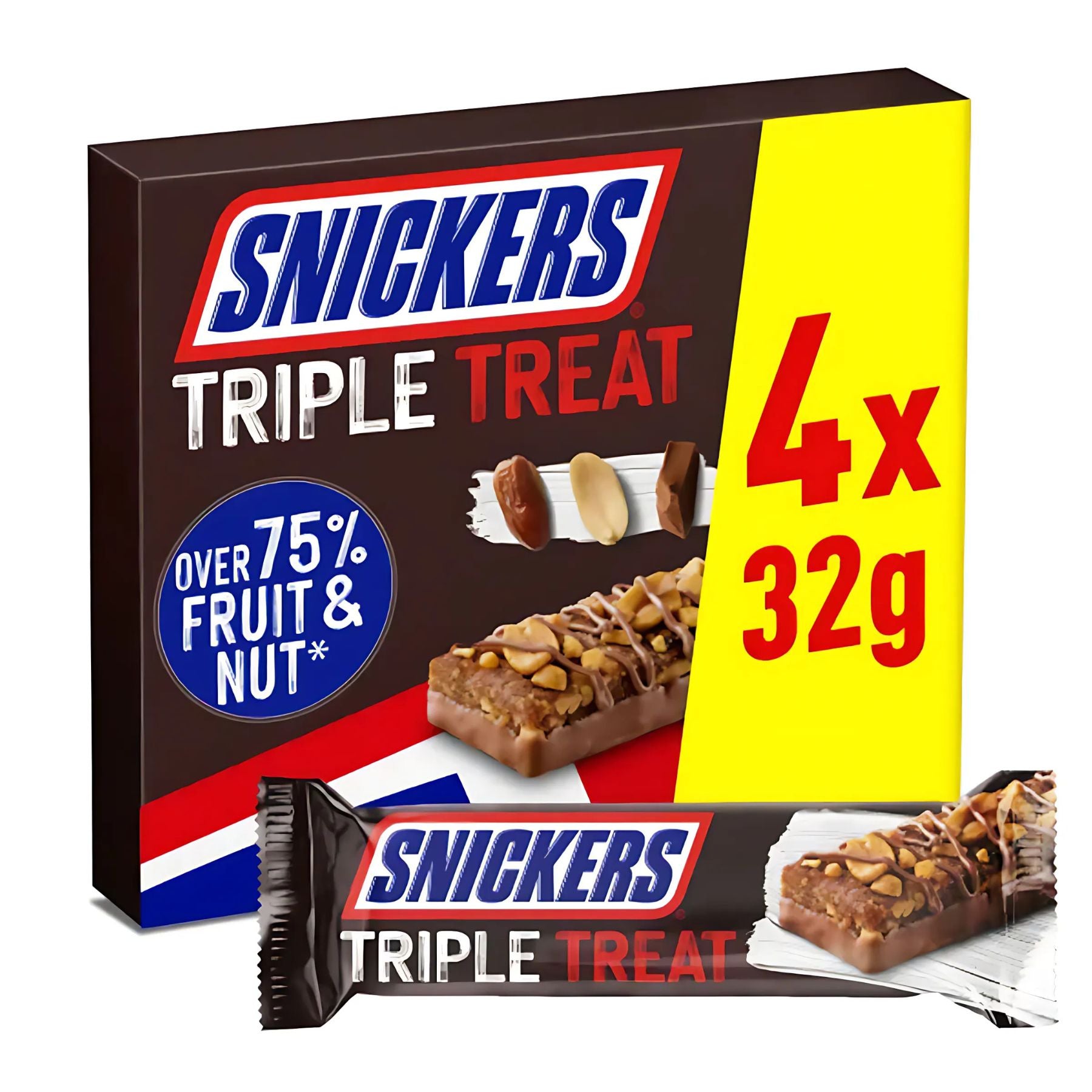 A box of Snickers - Triple Treat Fruit Nut & Chocolate Bars - 4 Pack with "4 x 32g" highlighted and "Over 75% fruit & nut." One unwrapped date raisin peanut bar and a wrapped bar are shown—made with milk chocolate, high in fibre.