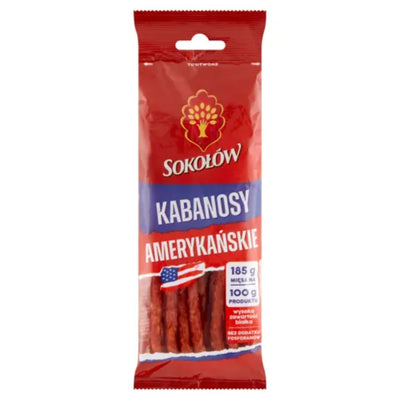 A red package of Sokolow - American Kabanos - 120g features white and blue text and a U.S. flag image on the front.
