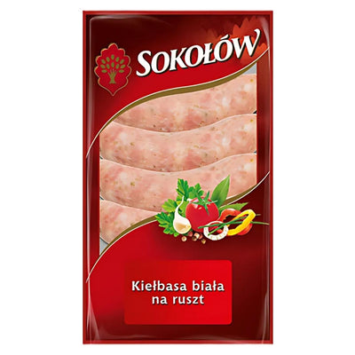 A 650g pack of Sokolow Barbecue White Sausage, ideal for grilling or BBQ, with a label showing raw white sausages and assorted vegetables.