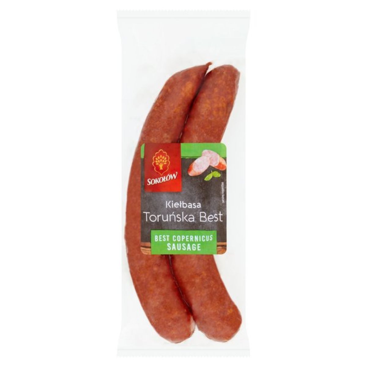 Two Sokolow - Best Copernicus Sausages in a package on a white background.