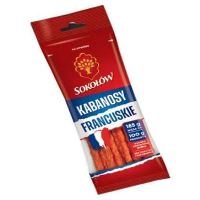 A Sokolow French Kabanos 120g snack pack in red and blue displays the product and nutrition info on the front.