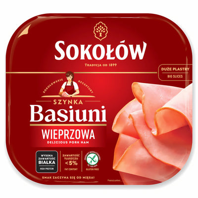 A 140g pack of Sokolow Grandma’s Extra Ham with large slices, nutritional info, gluten-free label, and soya protein content displayed on the front.