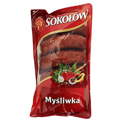 A sealed red package of Sokolow - Hunters Sausage - 750g highlights its rich, smoky flavour with images of vegetables and herbs on the front.