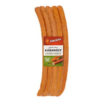 Four Sokolow - Kabanos Sausages - 250g in clear packaging labeled "Sokolow Kabanosy," with a green nutritional info section and an image of these savory smoked, semi-dried pork sausages.