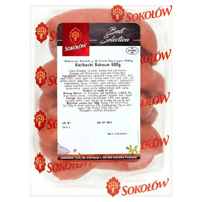 Vacuum-sealed Sokolow Kielbaski Bukowe Chicken & Pork Sausages, 599g (Varies), with detailed labeling and distinctive branding on the packaging.