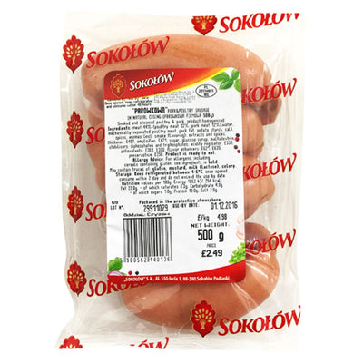 A vacuum-sealed pack of Sokolow - Parowkowa Pork Sausage in Natural Casing (500g) with a label showing product details, barcode, ingredients, and priced at £2.49.