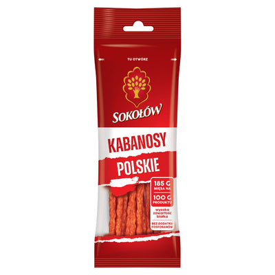 A red and white package of Sokolow Polish Kabanos Sausage (185g), with product details in Polish displayed on the front.