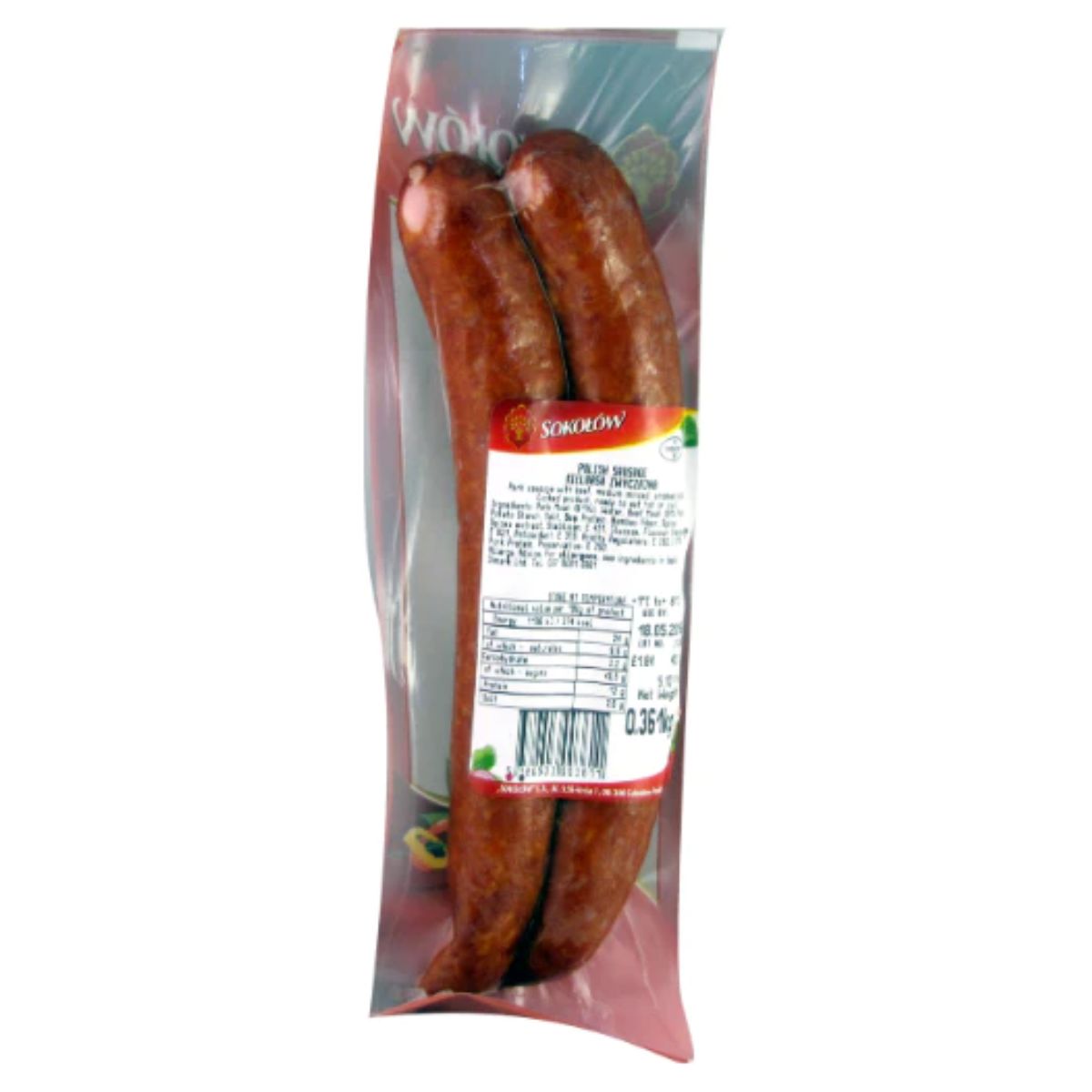 Two Sokolow - Polish sausages in a package on a white background.