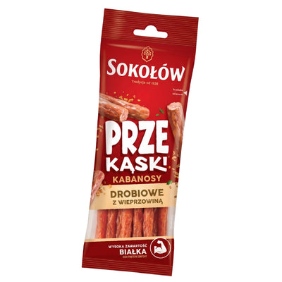 A package of Sokolow - Poultry & Pork Snack Stick Kabanos - 80g, a high protein savoury snack.