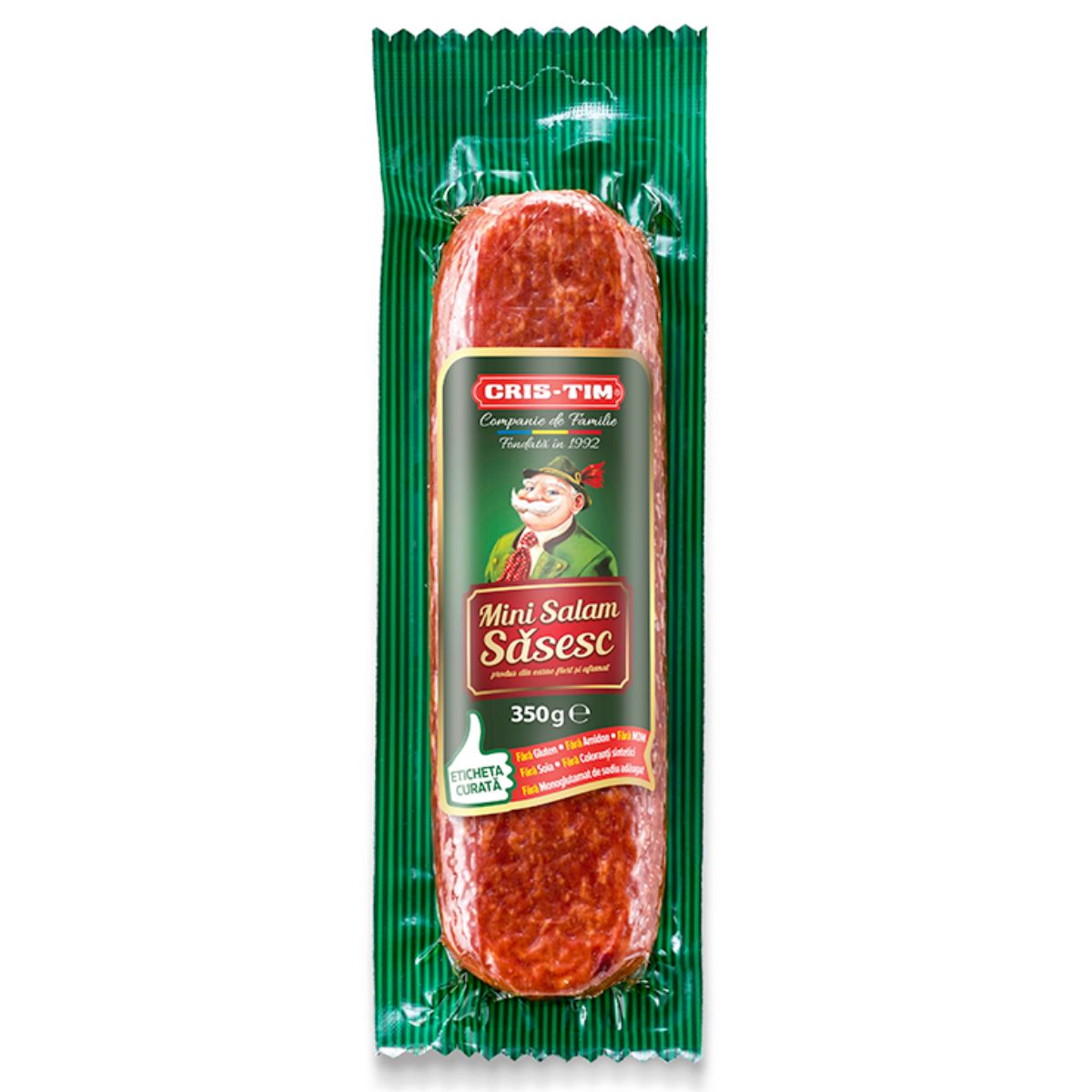 A vacuum-sealed package of Cris-Tim - Sasesc Mini Salami - 350g, with green labeling and a picture of a chef on the front.