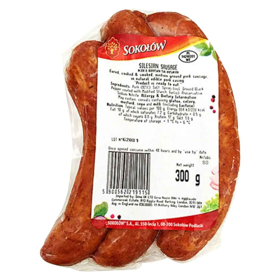 Sokolow Silesian Sausage 300g (Varies) by Sokolow: a premium Polish smoked sausage. The clear pack displays three sausages, with label info on ingredients, nutrition, and company details.